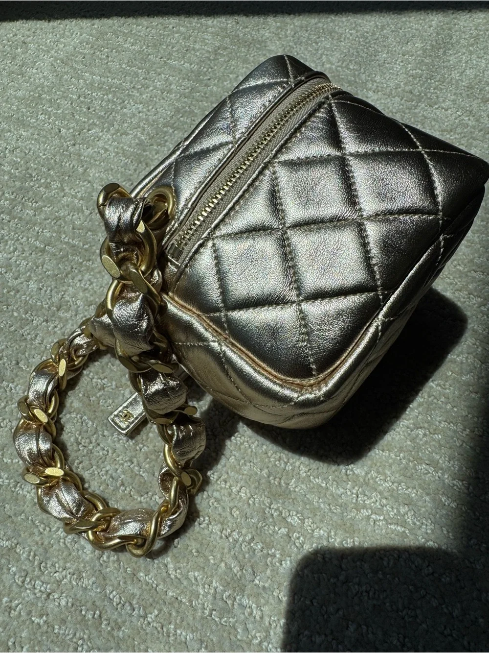 CHANEL Metallic Gold Quilted Mini Cube Vanity Bag with CC Logo, 22C collection